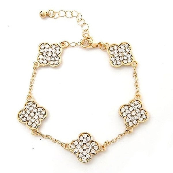 Rhinestone Faux Perals Clover Chain  Bracelet