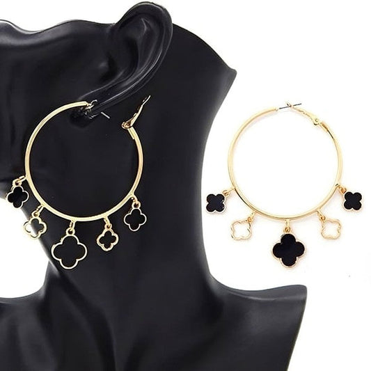Acetate Marble Effect Clover Dangle Hoop Earrings