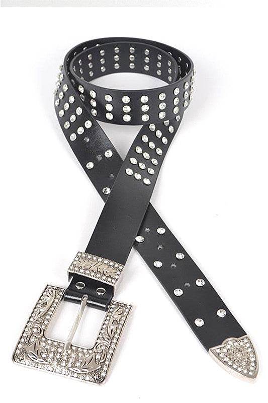 Engraved Buckle Crystal Metallic Belt