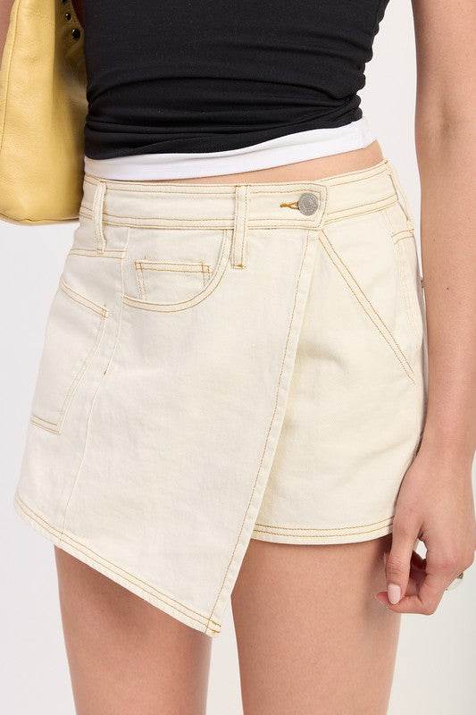 ASYMMETRICAL FOLD OVER DENIM SKORT