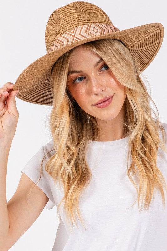 Aztec Jacquard Ribbon Straw Fedora Hat