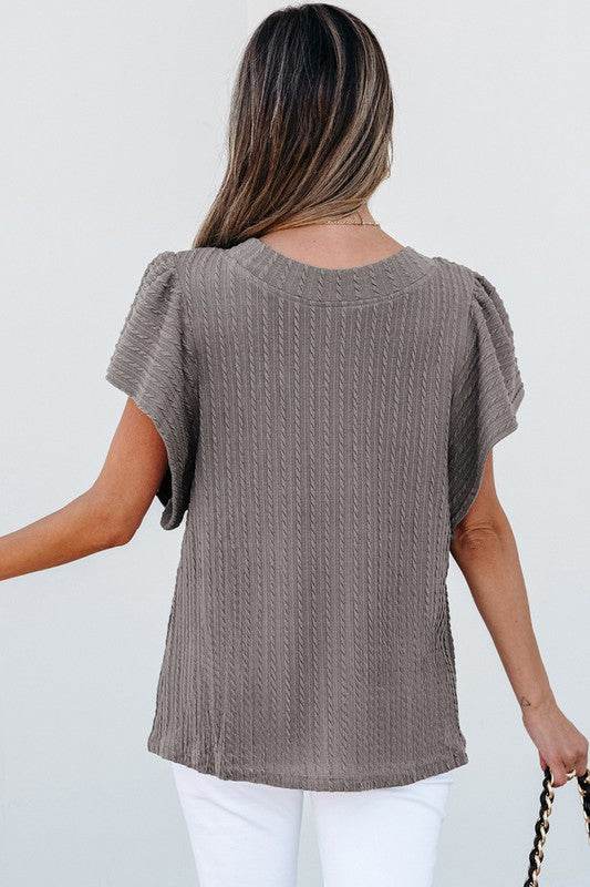Solid Color Textured Flutter Sleeve Top