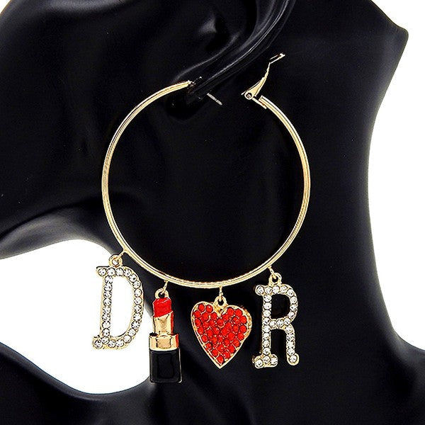 Lipstick and Heart Dangling Hoop Earrings