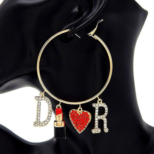 Lipstick and Heart Dangling Hoop Earrings