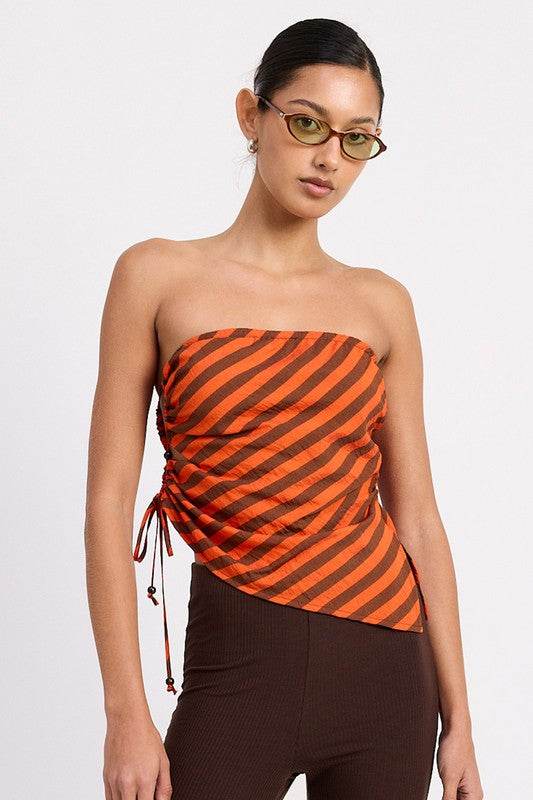 FITTED STRAPLESS STRIPE TOP WITH SIDE TIE ACCENT