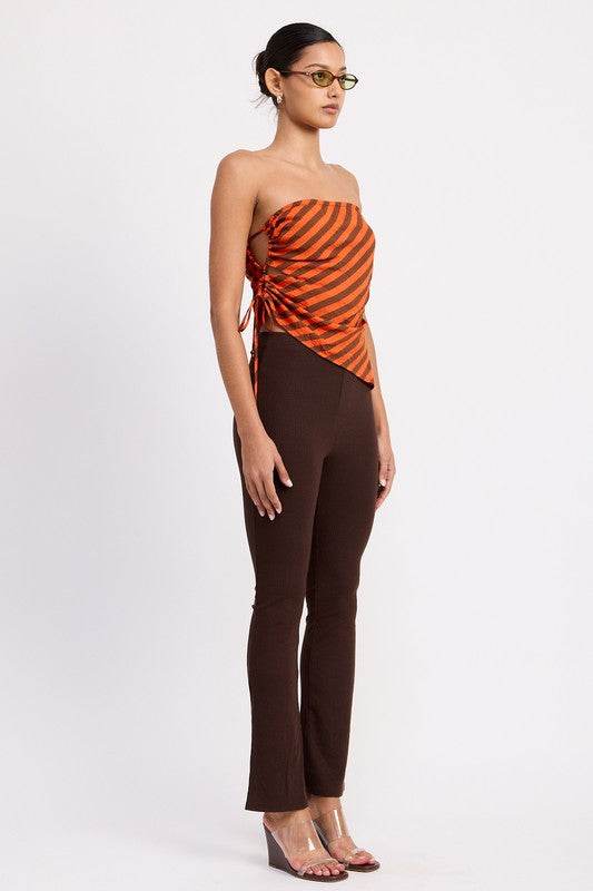 FITTED STRAPLESS STRIPE TOP WITH SIDE TIE ACCENT