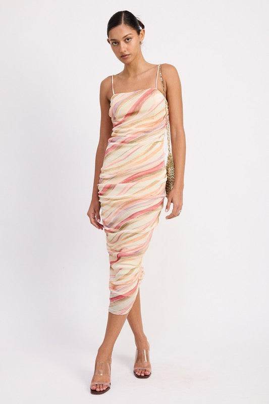 RUCHED MESH MIDI DRESS WITH ADJUSTABLE STRAPS