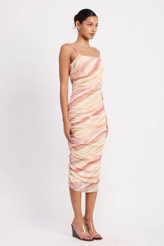RUCHED MESH MIDI DRESS WITH ADJUSTABLE STRAPS