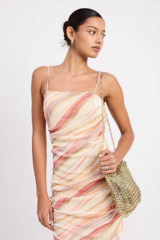 RUCHED MESH MIDI DRESS WITH ADJUSTABLE STRAPS