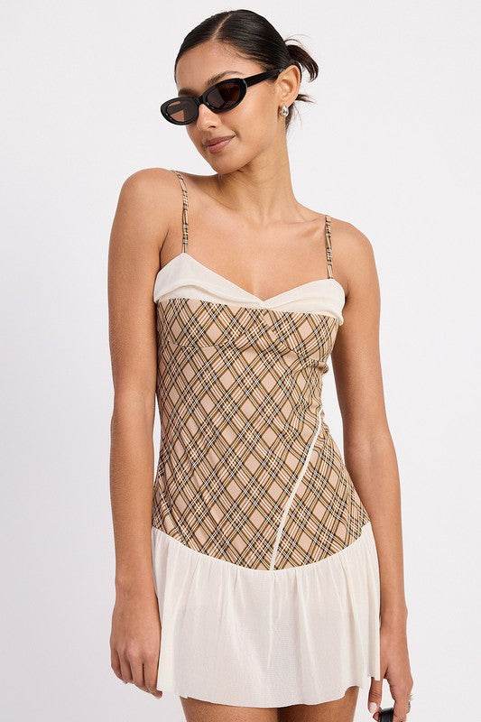 PLAID RUCHED MINI DRESS WITH CONTRAST TRIM