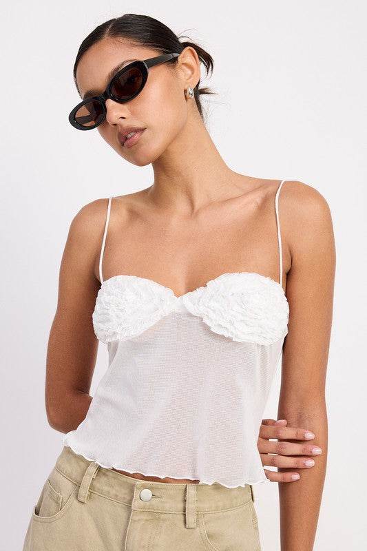 SHEER MESH FLORAL CUP CAMI TOP