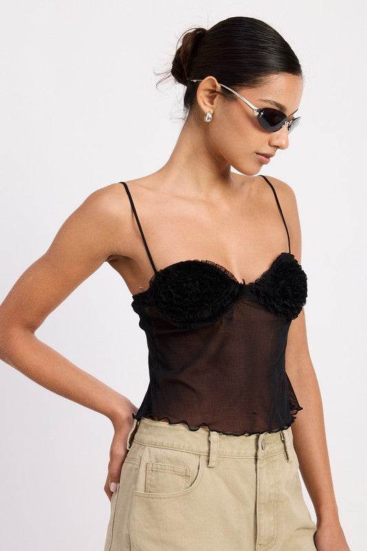 SHEER MESH FLORAL CUP CAMI TOP