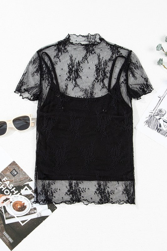 Floral Sheer Mesh Short Sleeve Mock Neck Blouse