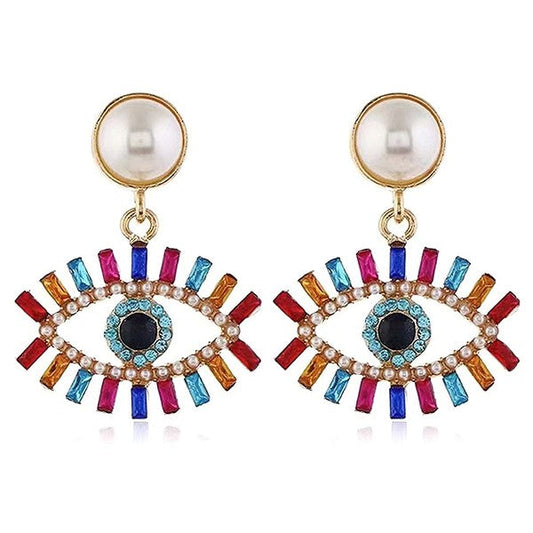 Evil Eye Pear Dangle Rhinestone Earrings