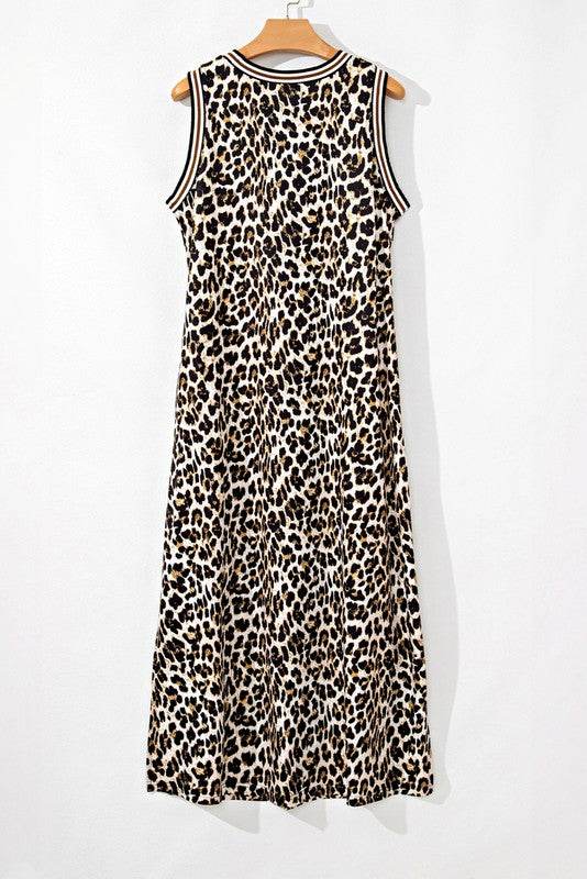 Contrast Stripe Trim Leopard Sleeveless long Dress