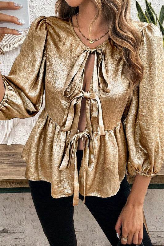 Bow Tie Front Puff 3/4 Sleeve Ruffle Hem Blouse