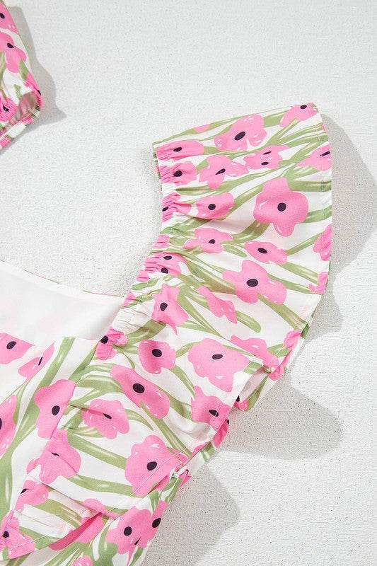 Pink Floral Square Neck Ruffled Strap Maxi Dress