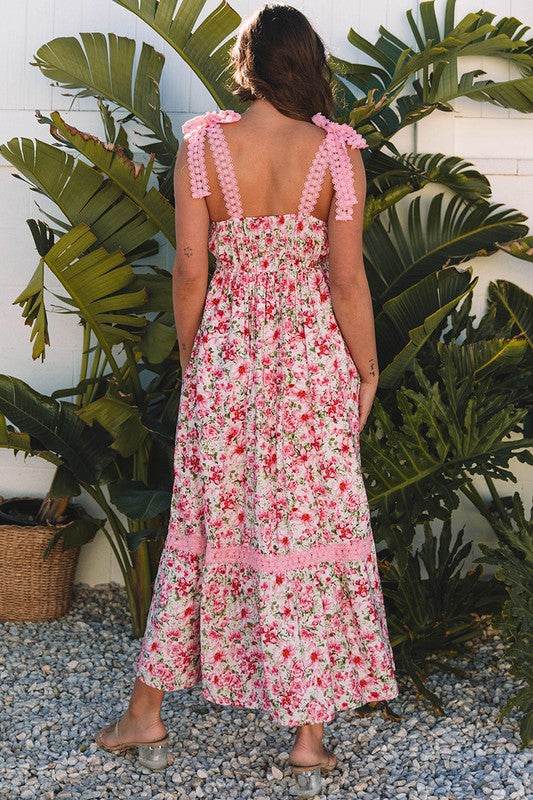 Pink Floral Lace Tied Strap Empire Waist Dress