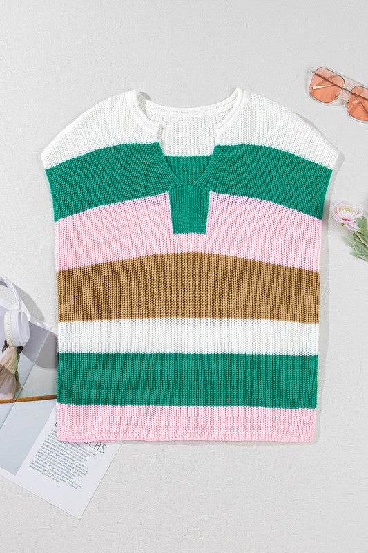 Cotton Colorblock Notch V Neck Knit T Shirt