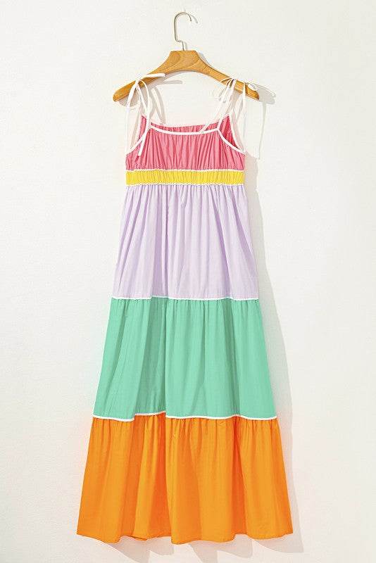 Cotton Color Tie Straps Block Maxi Dress