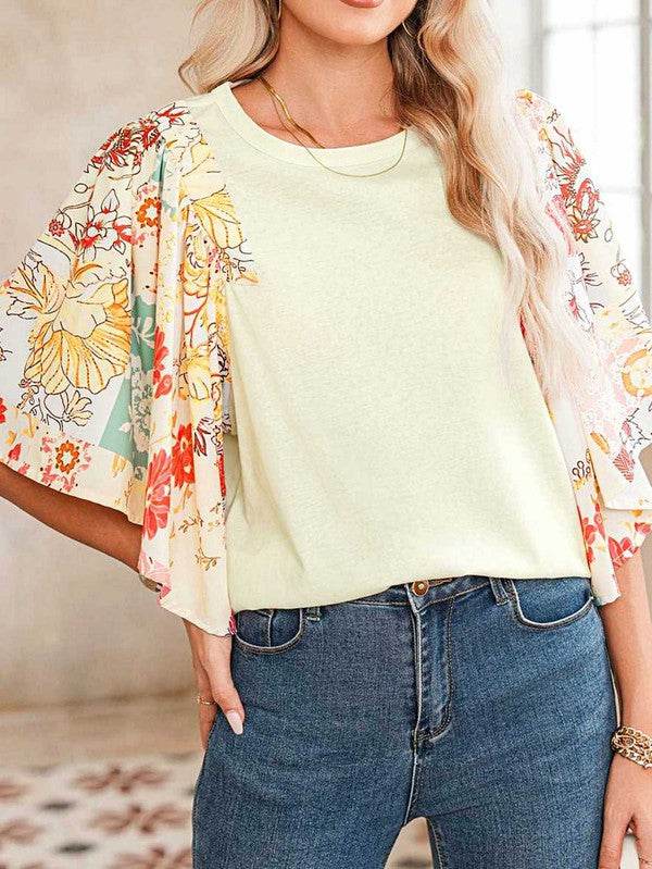 Cotton Beige Floral Patchwork Angel Sleeve Blouse