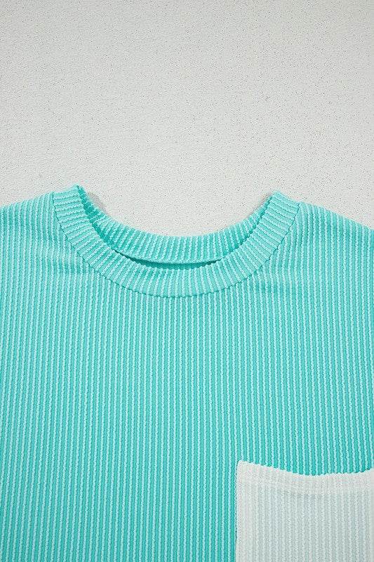 Corded Knit Color Block Pocketed Crew Neck T Shirt