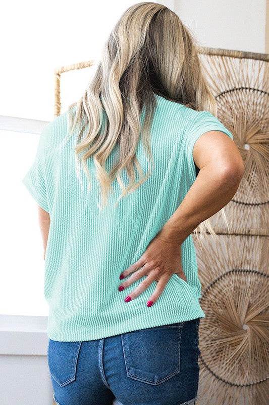 Corded Knit Color Block Pocketed Crew Neck T Shirt