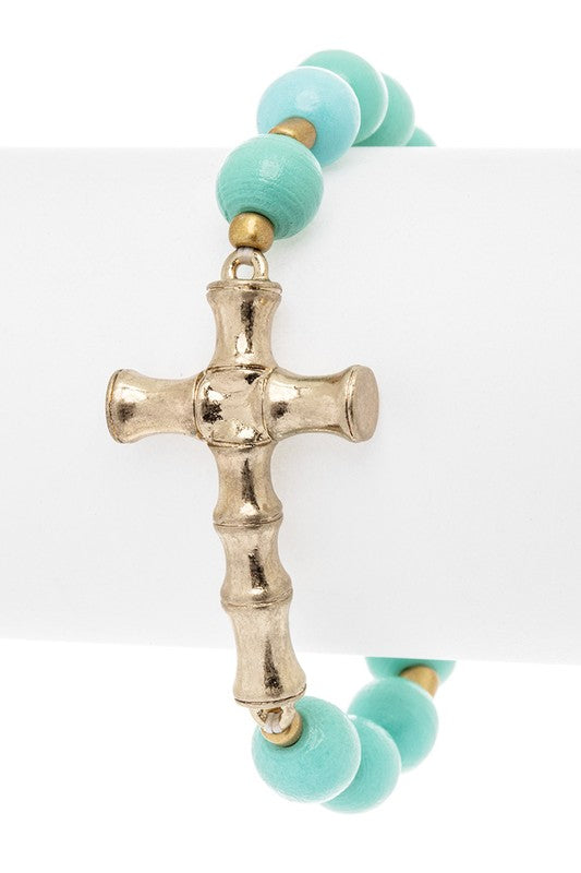 Bamboo Style Cross Charm Wooden Bracelet