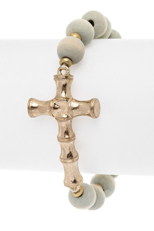 Bamboo Style Cross Charm Wooden Bracelet
