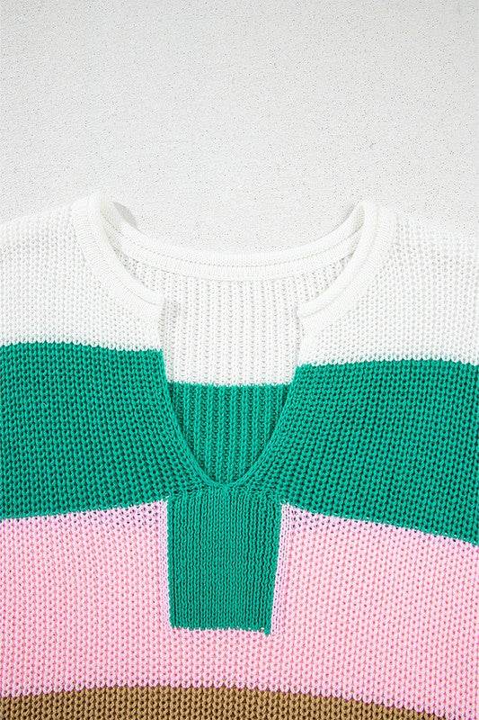 Multicolour Color Block V Neck Sweater T Shirt