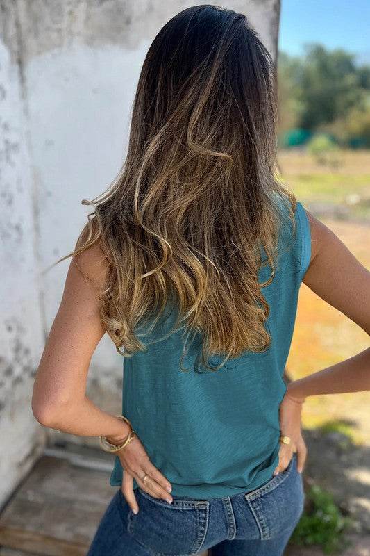 Tan Metallic Sheen Edge Scoop Neck Tank Top