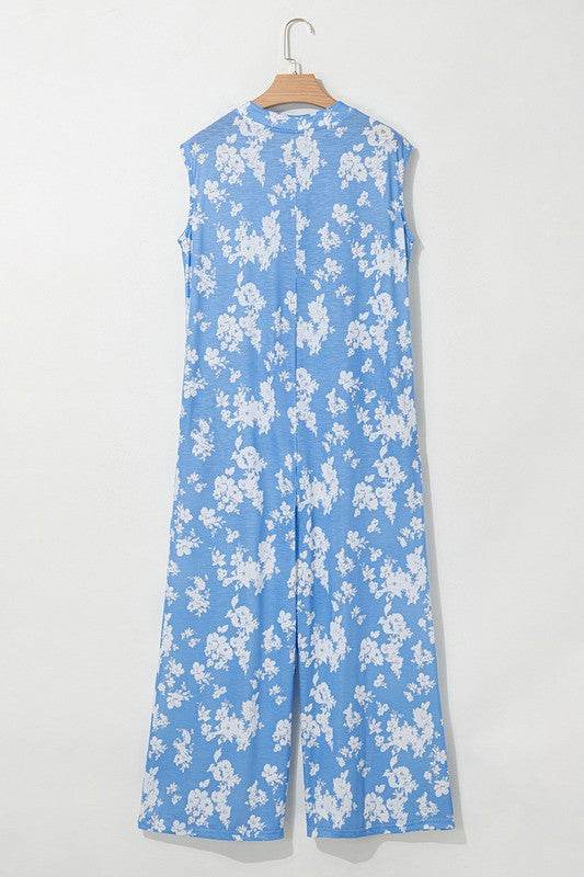 Floral Print Wide Leg Relaxed Sleeveless Jumpsuit