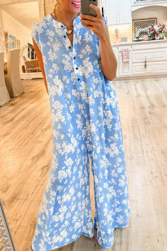 Floral Print Wide Leg Relaxed Sleeveless Jumpsuit