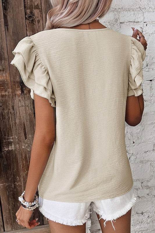 Solid Color Ruffled Short Sleeve Casual Blouse