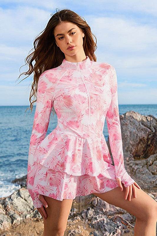 One-Piece Long Sleeve UPF50 Ruffle Skirt Swim Suit