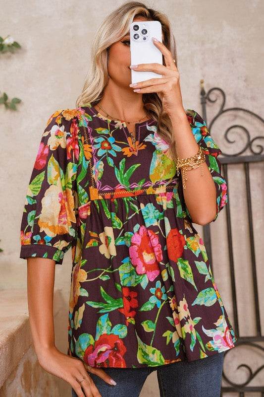 Gray Flower Embroidered Trim Half Sleeve Blouse