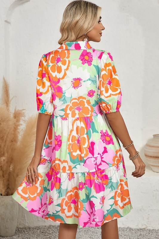 Green Floral Puff Sleeve Buttoned Babydoll Dress