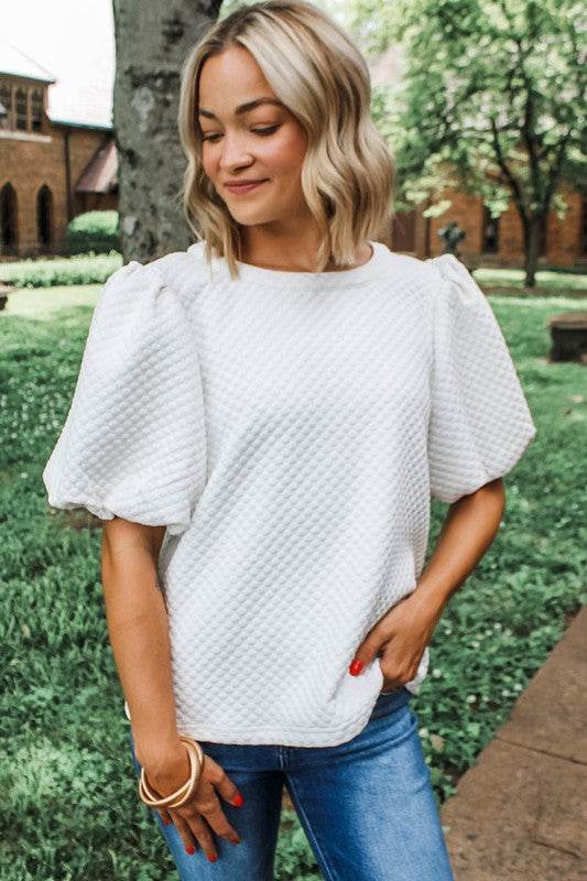Phalaenopsis Solid Texture Puff Sleeve Blouse