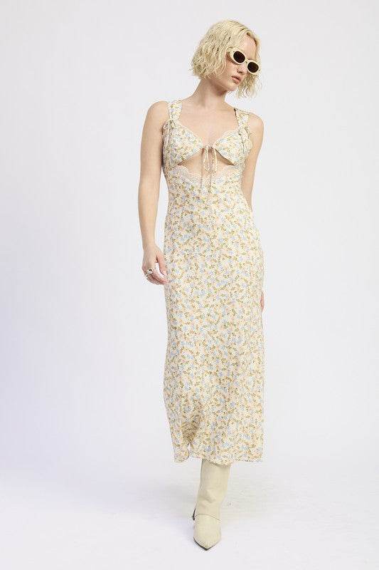 DITSY PRINT MIDI DRESS WITH CUTOUT AND LACE TRIM