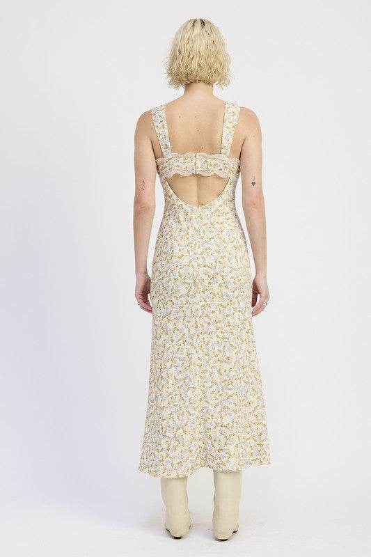 DITSY PRINT MIDI DRESS WITH CUTOUT AND LACE TRIM