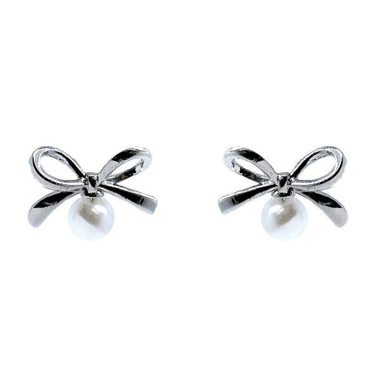 Bow Ribbon w Faux Pearl Stud Earrings