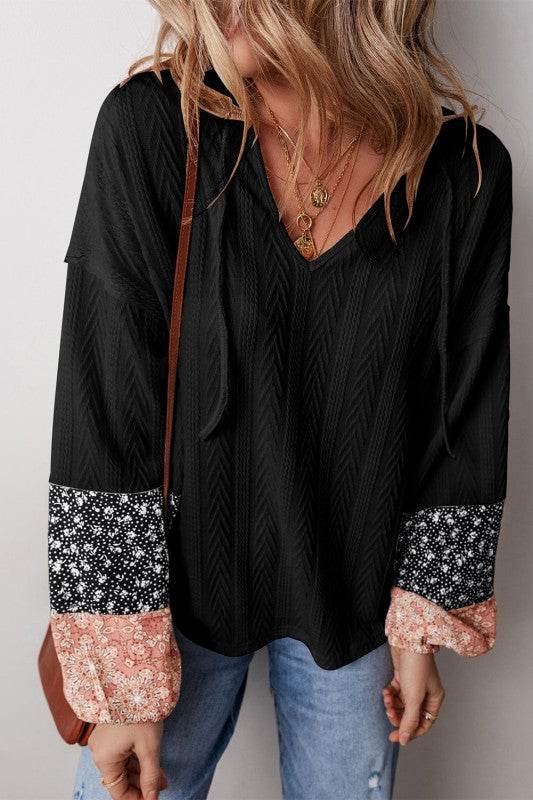 Cable knit print floral patch balloon blouse