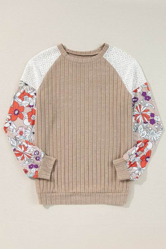ribbed lace patch floral sweatshirt