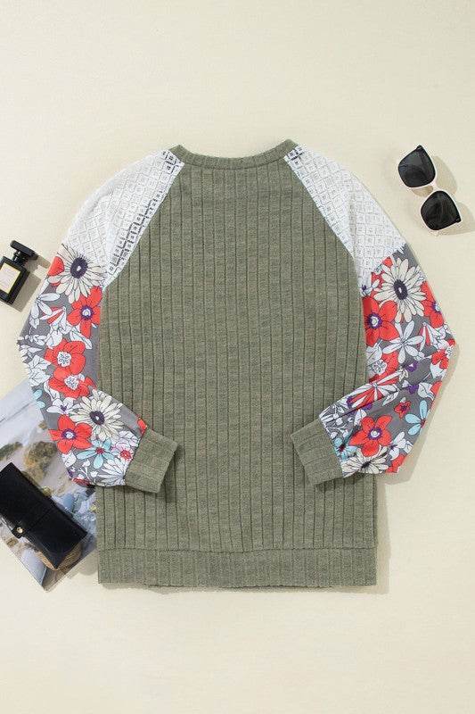 ribbed lace patch floral sweatshirt