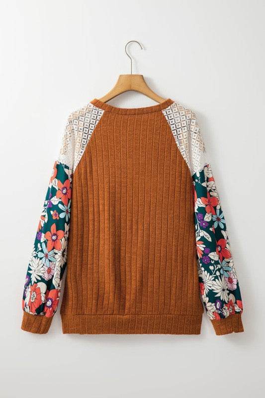 ribbed lace patch floral sweatshirt