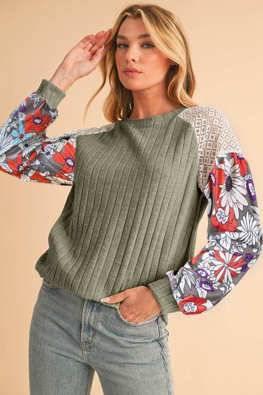 ribbed lace patch floral sweatshirt