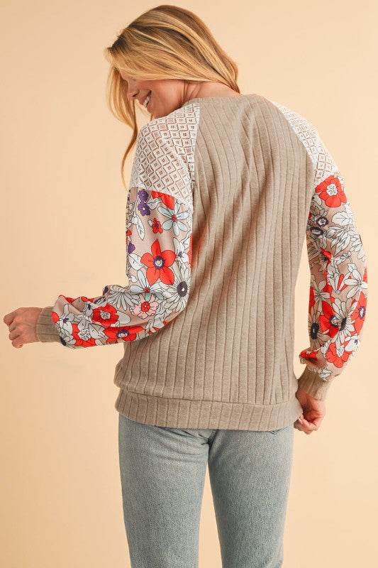 ribbed lace patch floral sweatshirt