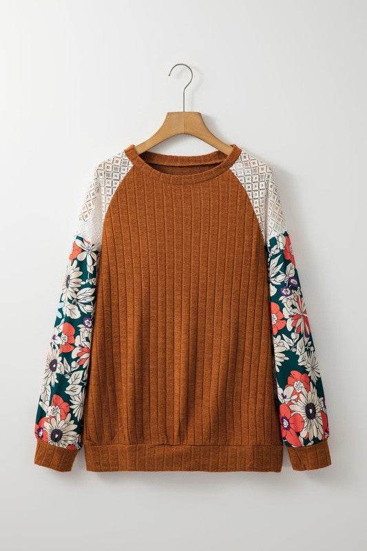 ribbed lace patch floral sweatshirt