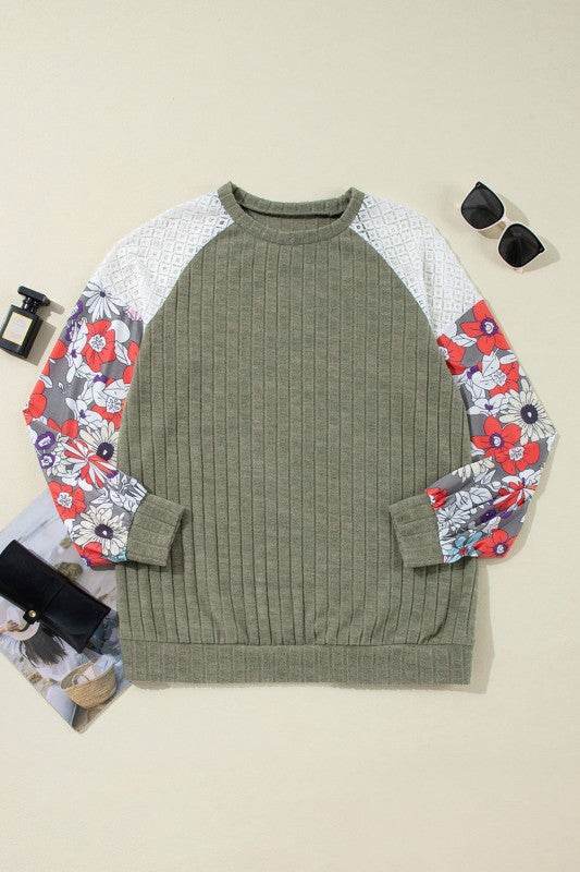 ribbed lace patch floral sweatshirt