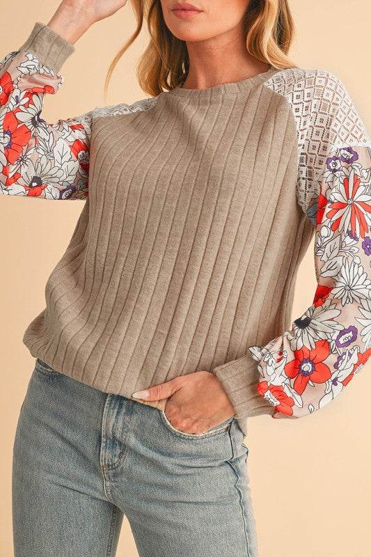 ribbed lace patch floral sweatshirt